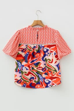 image-Red Paisley Geometric Patchwork Puff Sleeve Blouse