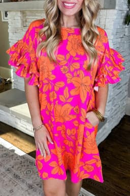 image-Pink Voluminous Ruffled Sleeve Floral Dress