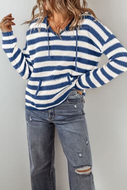 image-Blue Stripe V Neck Hooded Sweater with Pocket