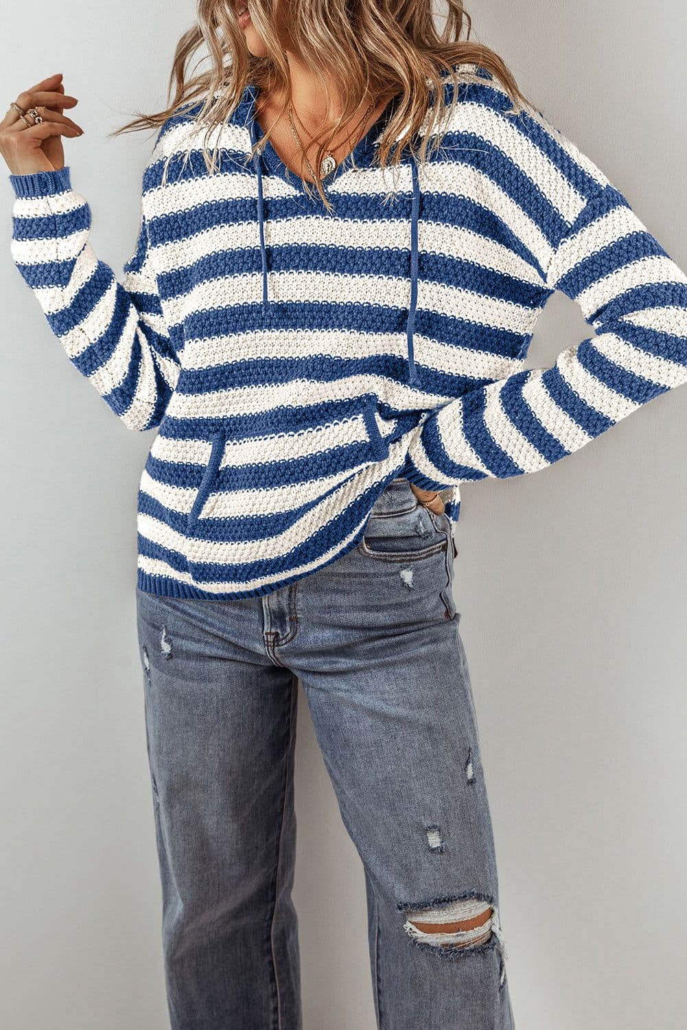 image-Blue Stripe V Neck Hooded Sweater with Pocket