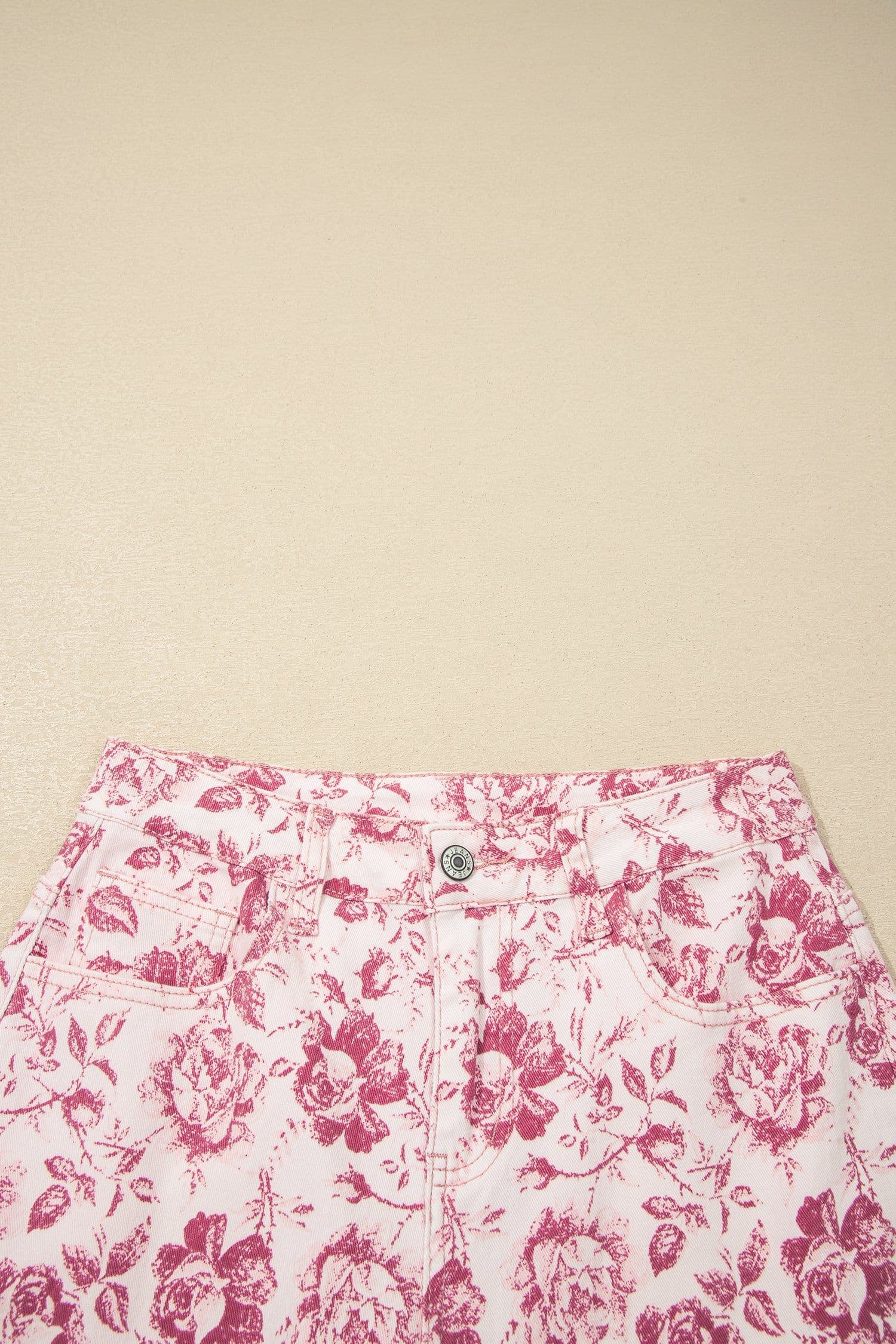 image-Pink Vintage Floral Print Denim Shift Pants