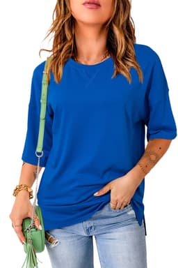 image-Dark Blue Longline Top - Short Sleeve Side Slit