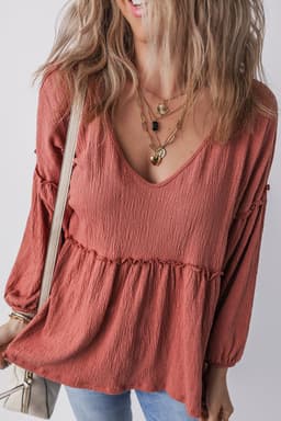 image-Mineral Red Textured Frilled Trim V Neck Blouse with Puff Sleeves