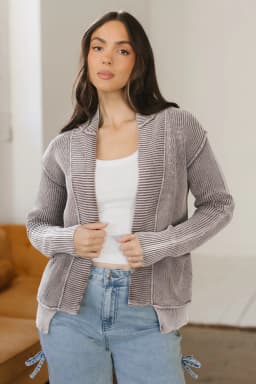 image-Dark Brown Mineral Wash Knit Cardigan - Patchwork