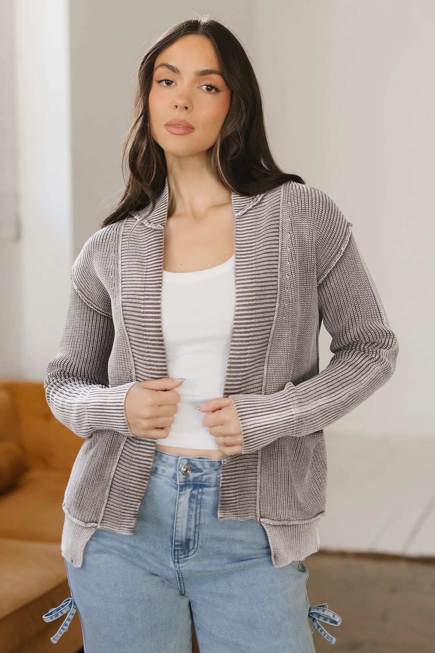 image-Dark Brown Mineral Wash Knit Cardigan - Patchwork