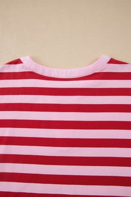 image-Pink Stripe Split V Neck Casual T Shirt