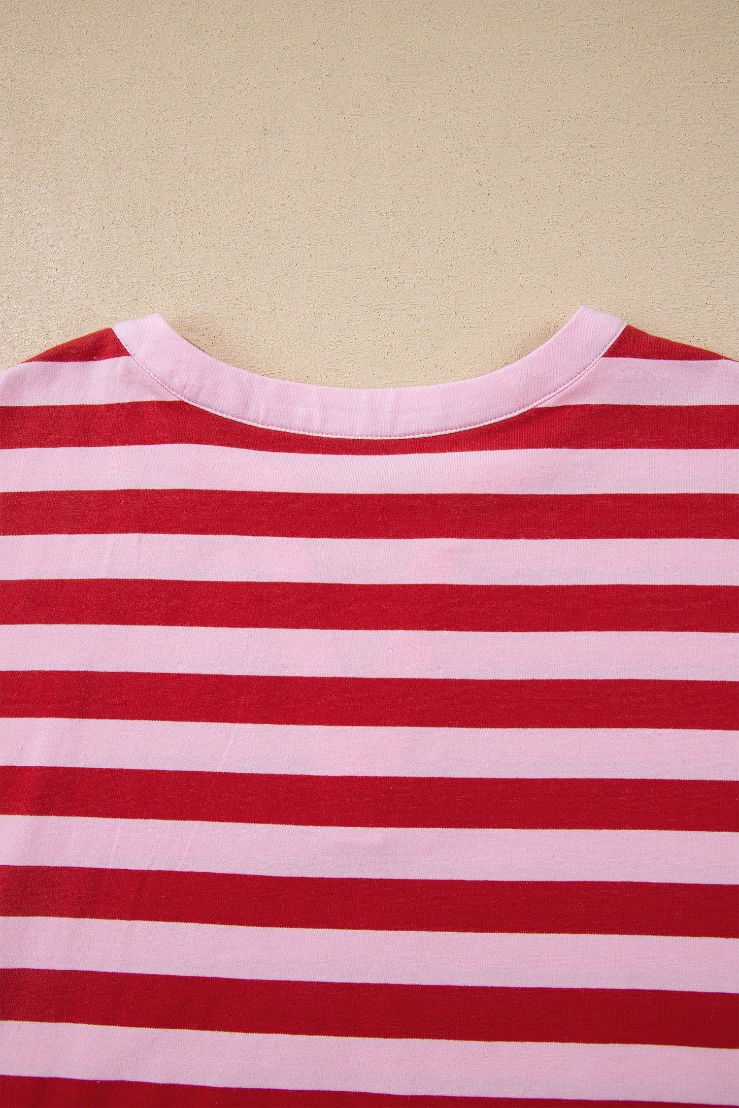 image-Pink Stripe Split V Neck T Shirt