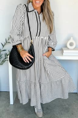 image-Black Stripe Scallop Trim Shirt Collar Half Button 3/4 Sleeve Long Dress