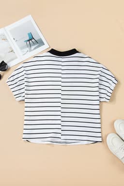 image-Blue Stripe Stand Collar V Neck Elastic Cuffs Half Sleeve Dolman Top