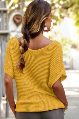 image-Pink Solid Loose Knit Short Dolman Sleeve Sweater