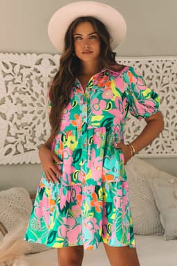 image-Green Floral Puff Sleeve Collar Buttoned Babydoll Dress