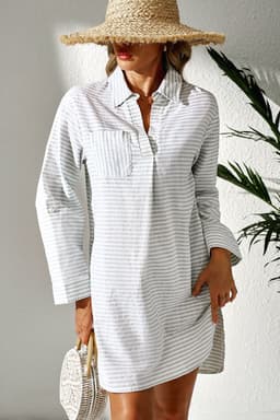 image-White V-Neck Beach Cover Up with Stripe Collar & Long Sleeves - Sizes S-2XL