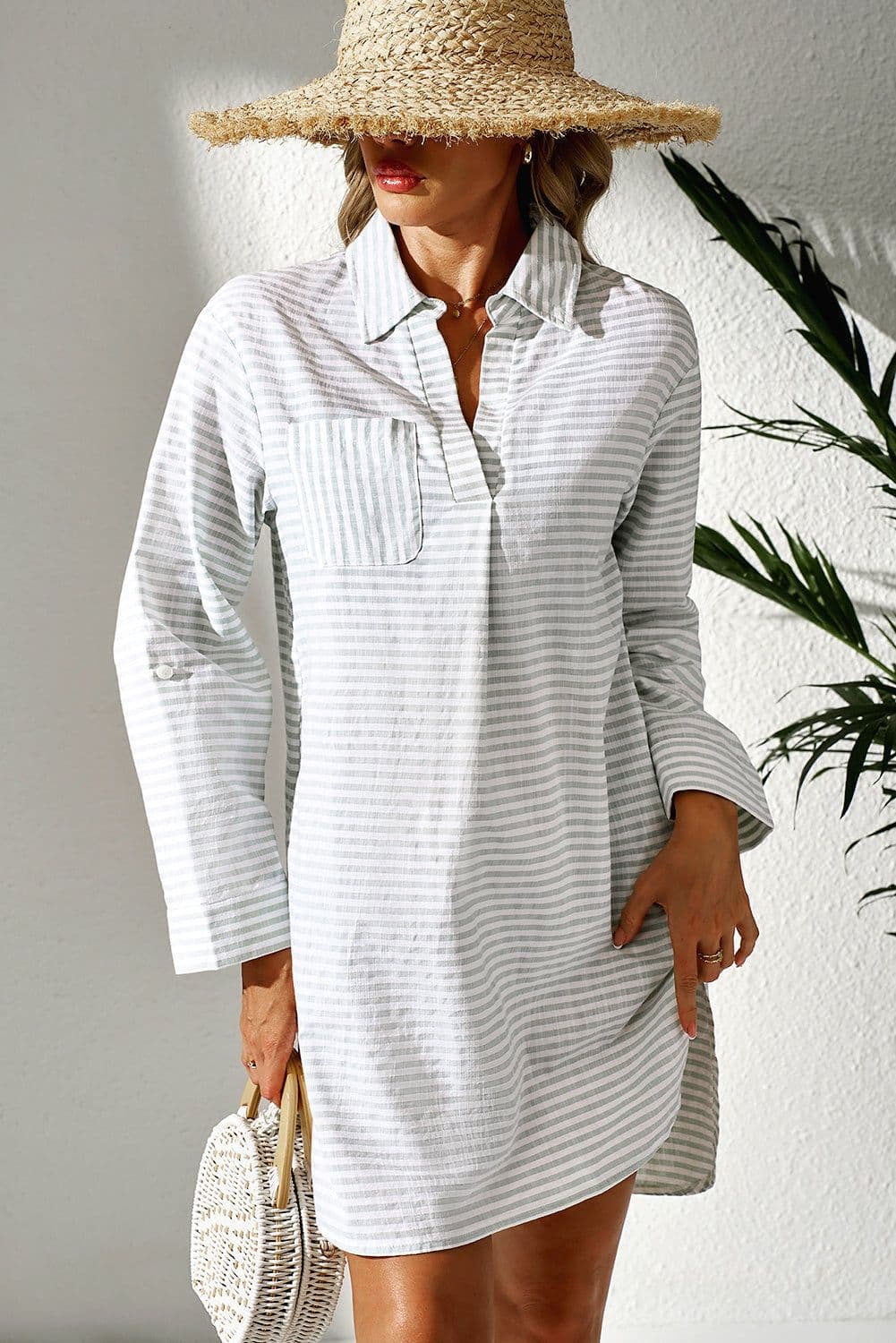 image-White V-Neck Beach Cover Up with Stripe Collar & Long Sleeves - Sizes S-2XL