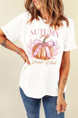 image-Women's Thanksgiving T-Shirt - White Pumpkin Bowknot Graphic
