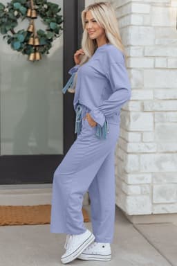image-Beau Blue Flounce Long Sleeve Top Drawstring Pants Contrast Velvet Bow Knot 2pcs Lounge Set