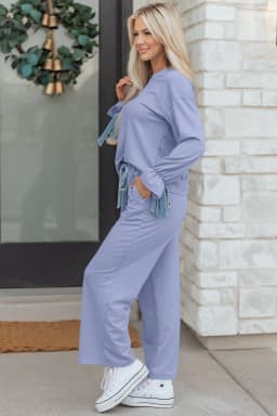image-Beau Blue Flounce Long Sleeve Top Drawstring Pants Contrast Velvet Bow Knot 2pcs Lounge Set