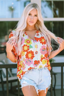 image-Multicolor Floral Print V Neck Half Sleeve Blouse