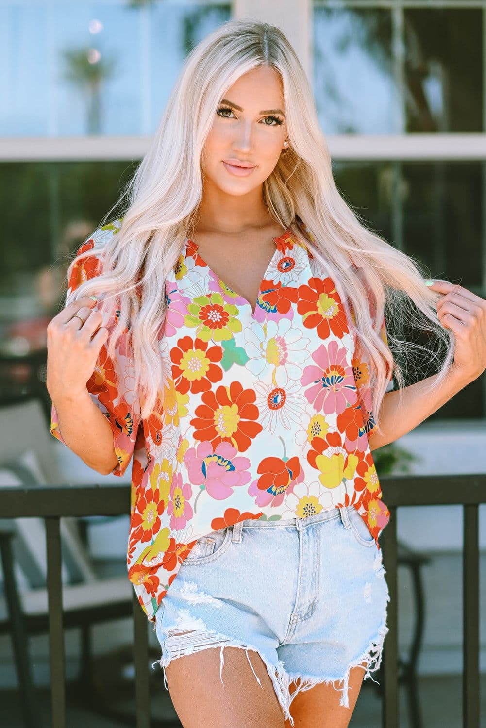image-Multicolor Floral Print V Neck Half Sleeve Blouse