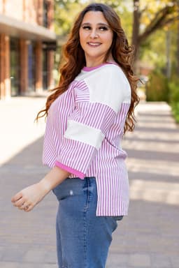 image-Pink Stripe Patchwork Plus Size T-Shirt