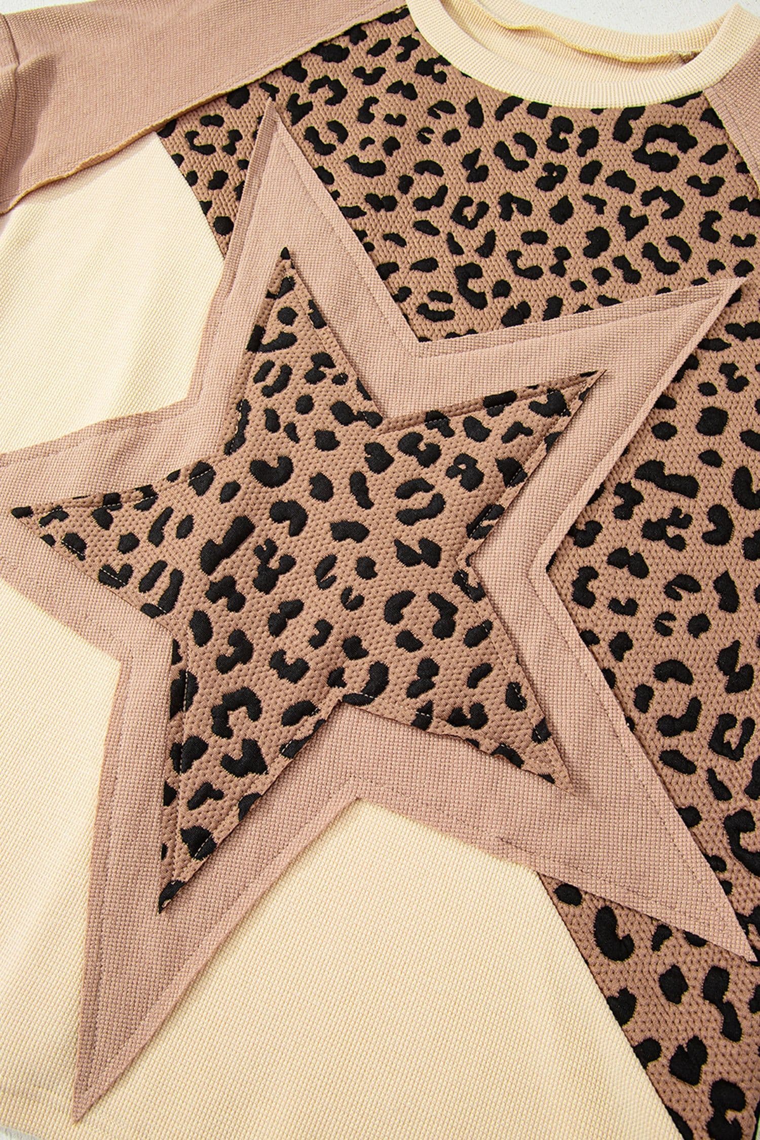 image-Light French Beige Leopard Star Color Block Patchwork Textured Baggy Sweatshirt