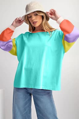 image-Dark Blue Colorblock Patchwork Long Sleeve Loose Top