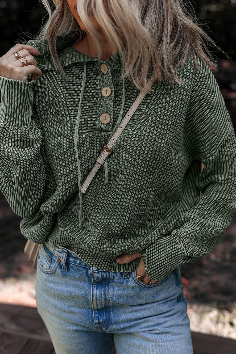 image-Mist Green Mineral Wash Hooded Sweater Ribbed