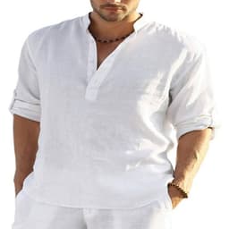 image-Men's Casual Cotton Linen Solid Color Long Sleeve Shirt Loose Stand Collar