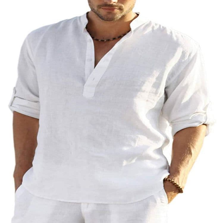 image-Men's Casual Cotton Linen Solid Color Long Sleeve Shirt Loose Stand Collar