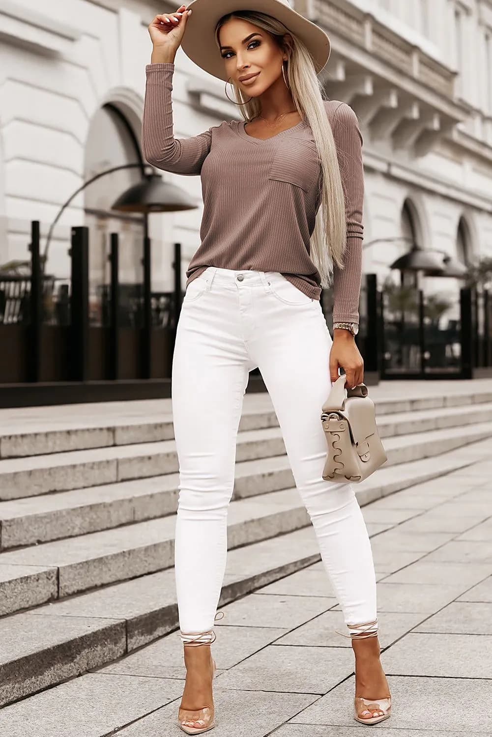 image-Khaki Ribbed Knit V Neck Top Chest Pocket