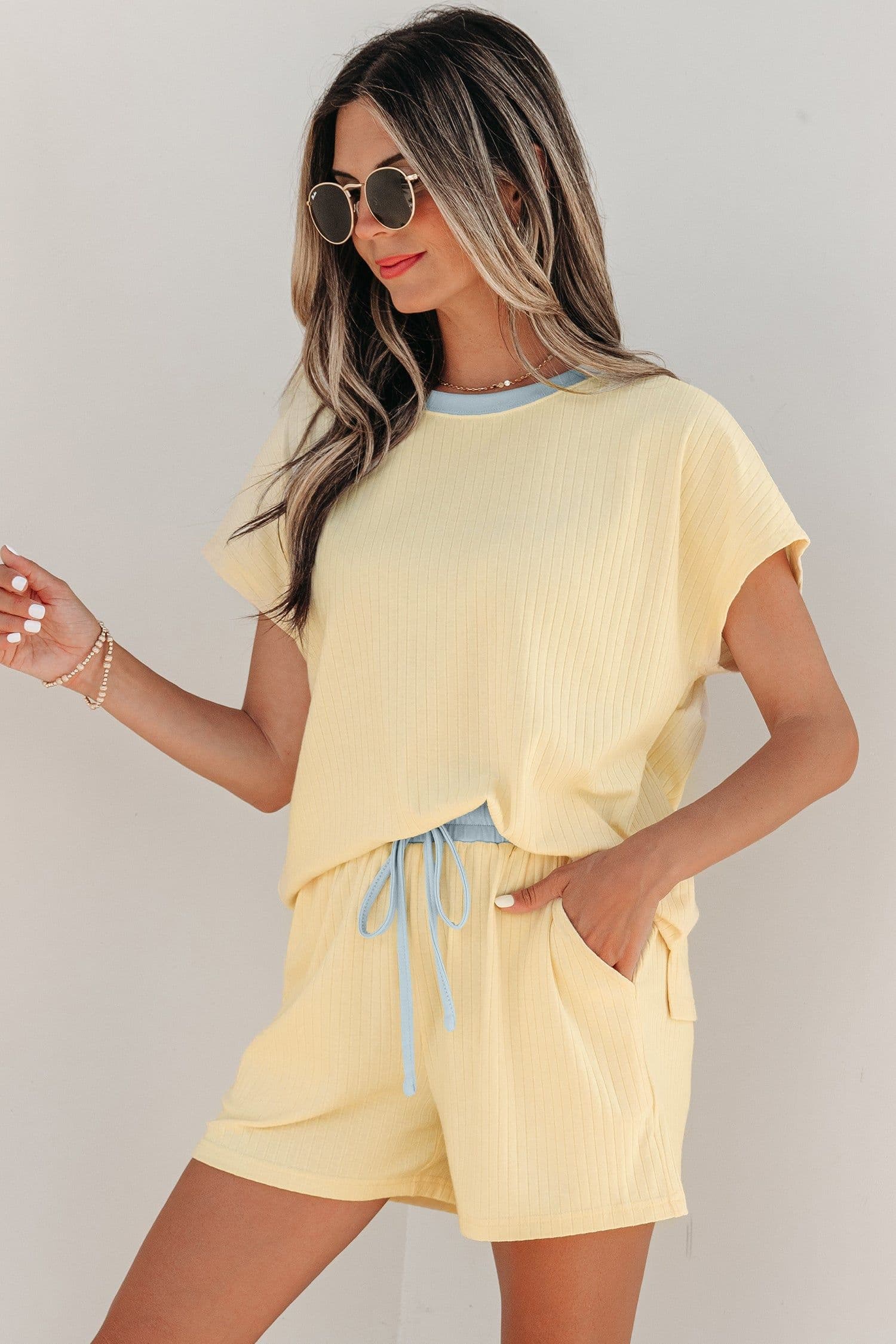 image-Aqua Soft Ribbed Color Block Trim Casual Shorts Set