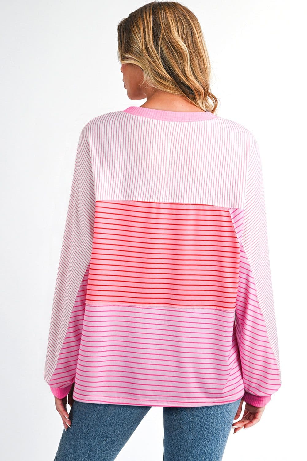 image-Sachet Pink Striped Colorblock Casual Top
