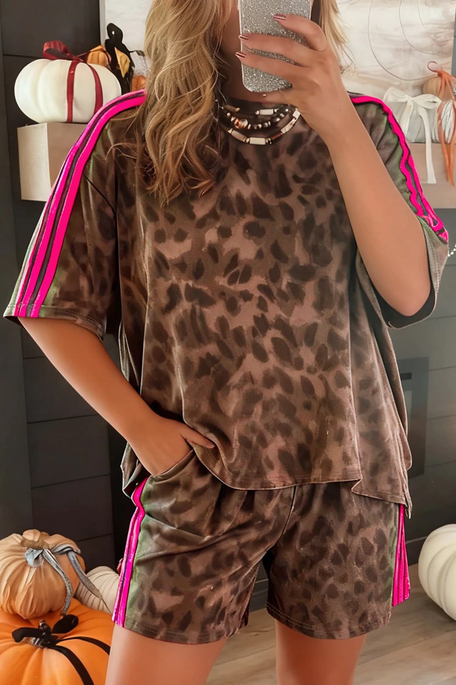 image-Brown Contrast Striped Accent Leopard Short Set
