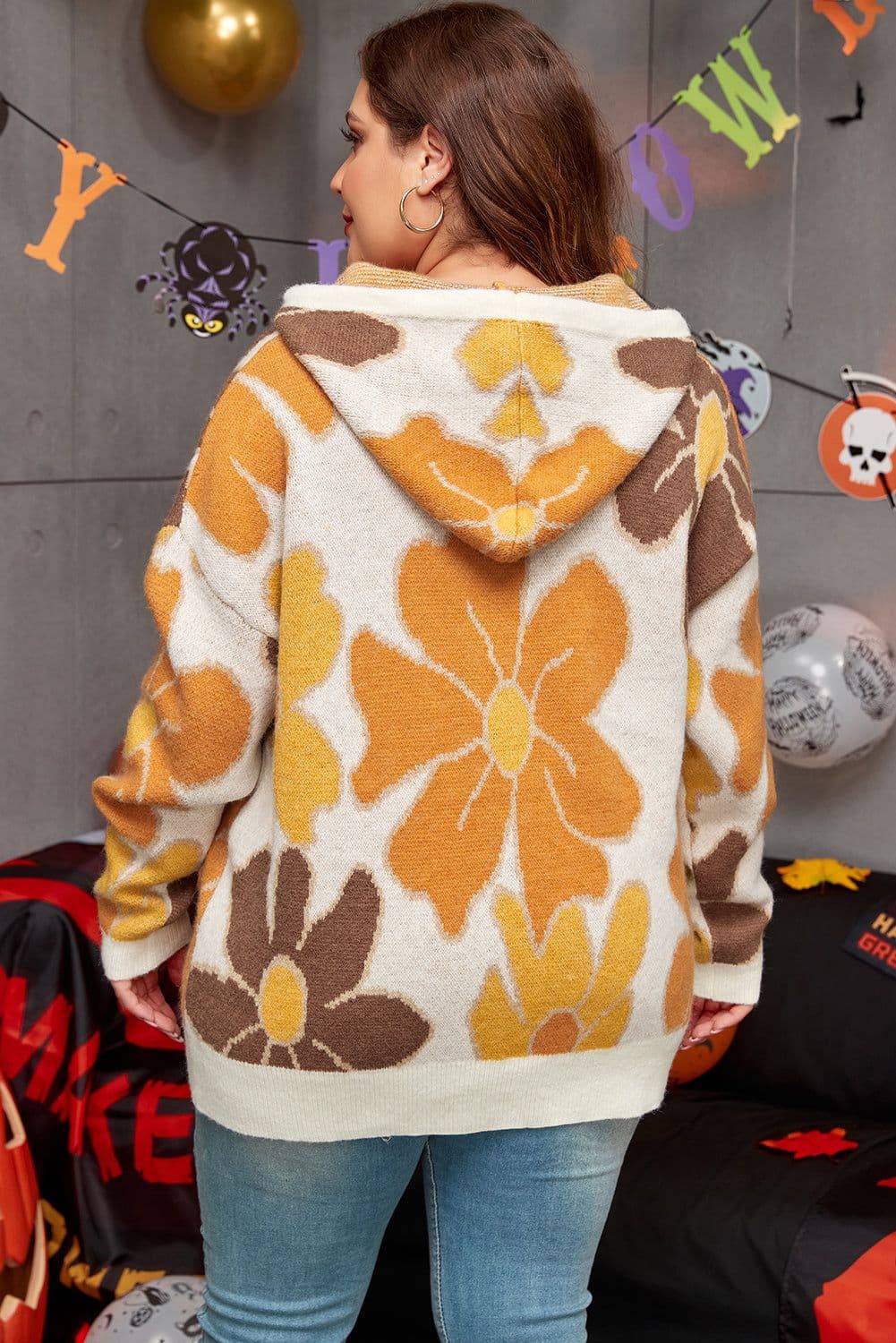 image-White Floral Knitted Hooded Plus Size Sweater