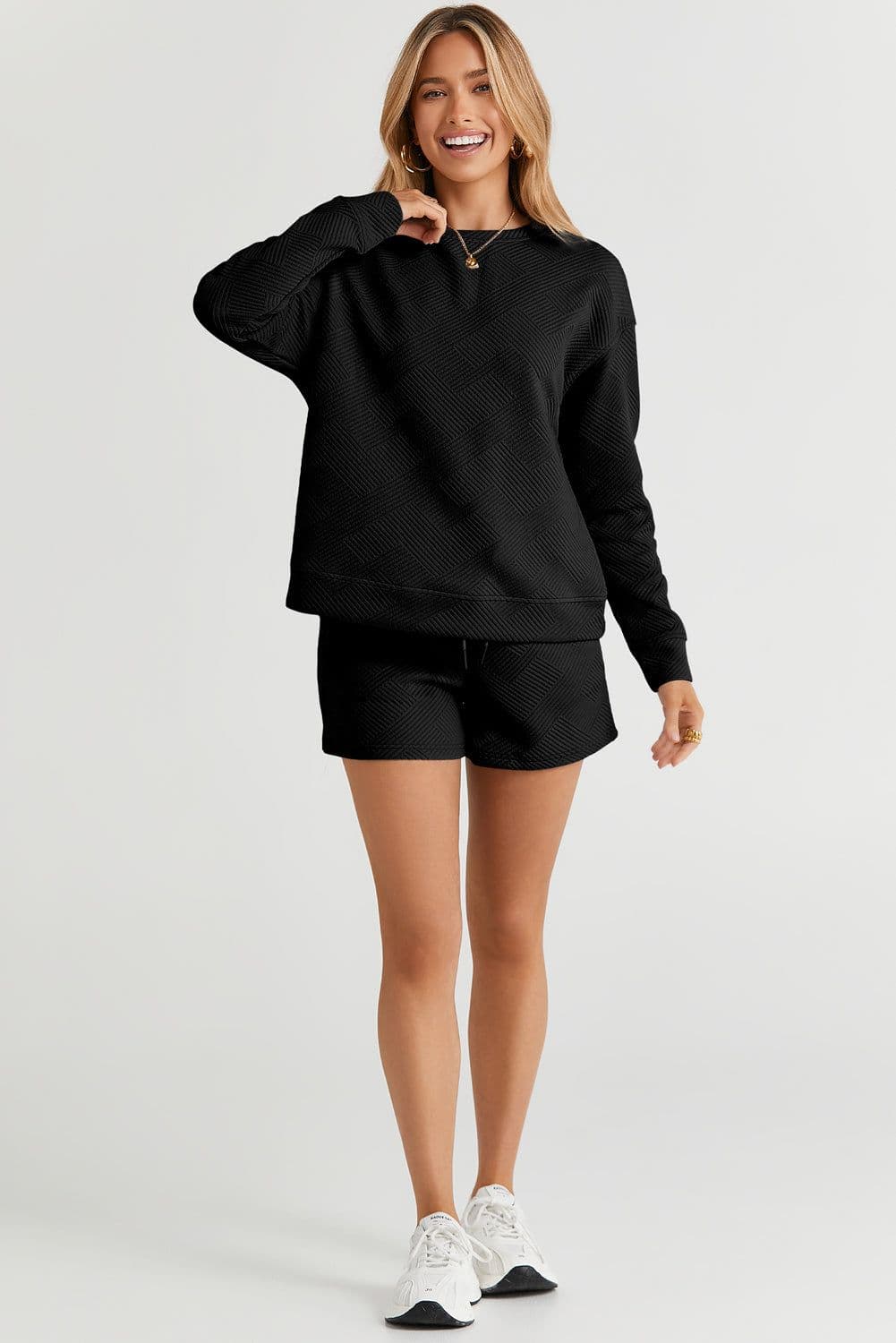 image-Textured Long Sleeve Top & Drawstring Shorts Set - Green