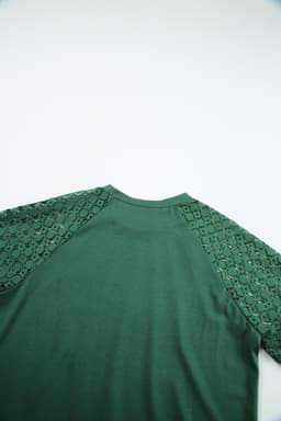 image-Khaki Contrast Lace Raglan Sleeve Tee - Casual Short Sleeve Top