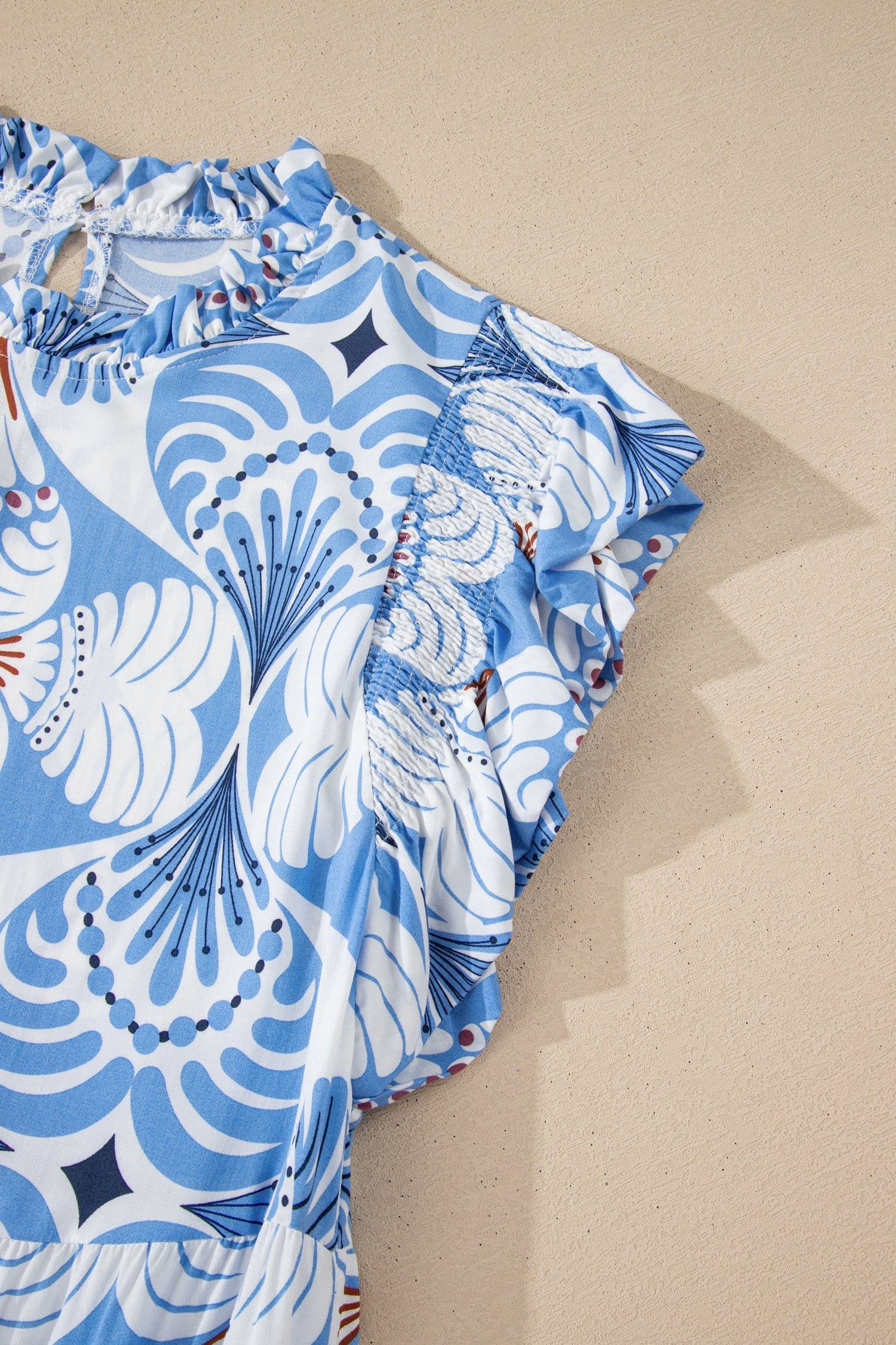 image-Sky Blue Tropical Botanic Print Flutter Sleeve Vacation Long Dress