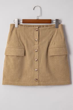 image-Corduroy Mini Skirt - Camel Buttoned Front