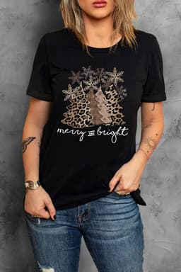 image-Black Leopard Christmas Tree Graphic Crew Neck T-Shirt