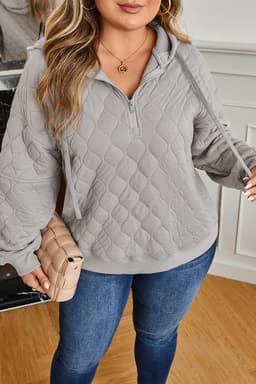 image-Gray Quilted Quarter Zip Plus Size Hoodie