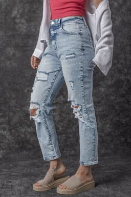 image-Sky Blue Light Wash Frayed Slim Fit High Waist Jeans