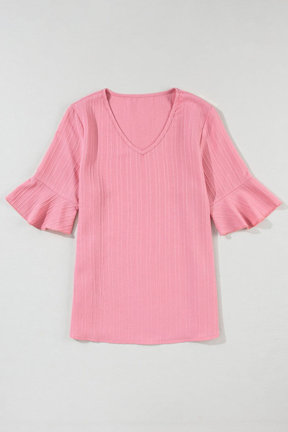 image-Peach Blossom Ruffled Half Sleeve V Neck Textured Top