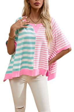 image-Pink Stripe Contrast Patchwork Oversized T-Shirt