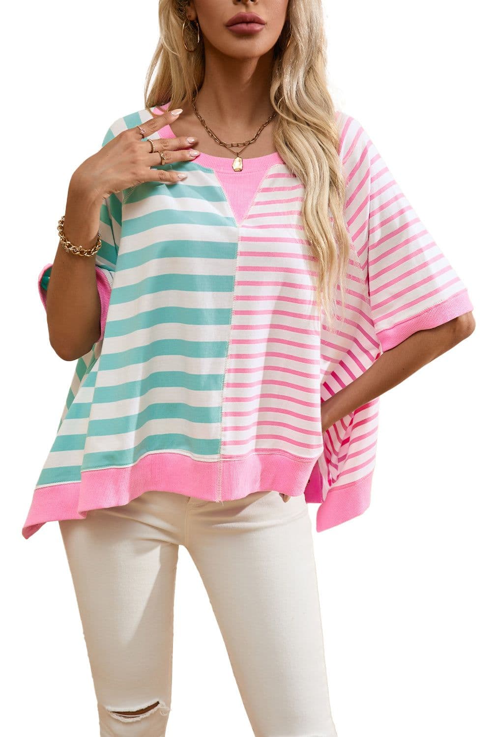 image-Pink Stripe Contrast Patchwork Oversized T-Shirt