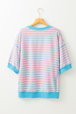 image-Pink Stripe Oversized Contrast Trim Exposed Seam High Low T Shirt