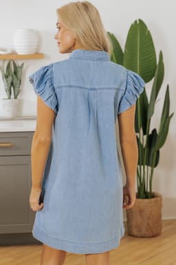 image-Beau Blue Denim Mini Dress with Flutter Sleeves and Shirred Detail