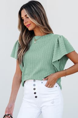 image-Solid Color Textured Flutter Sleeve Top, Size Chart Included