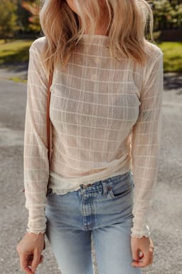 image-White Sheer Plaid Mesh Lettuce Trim Slim Fit Long Sleeve Top