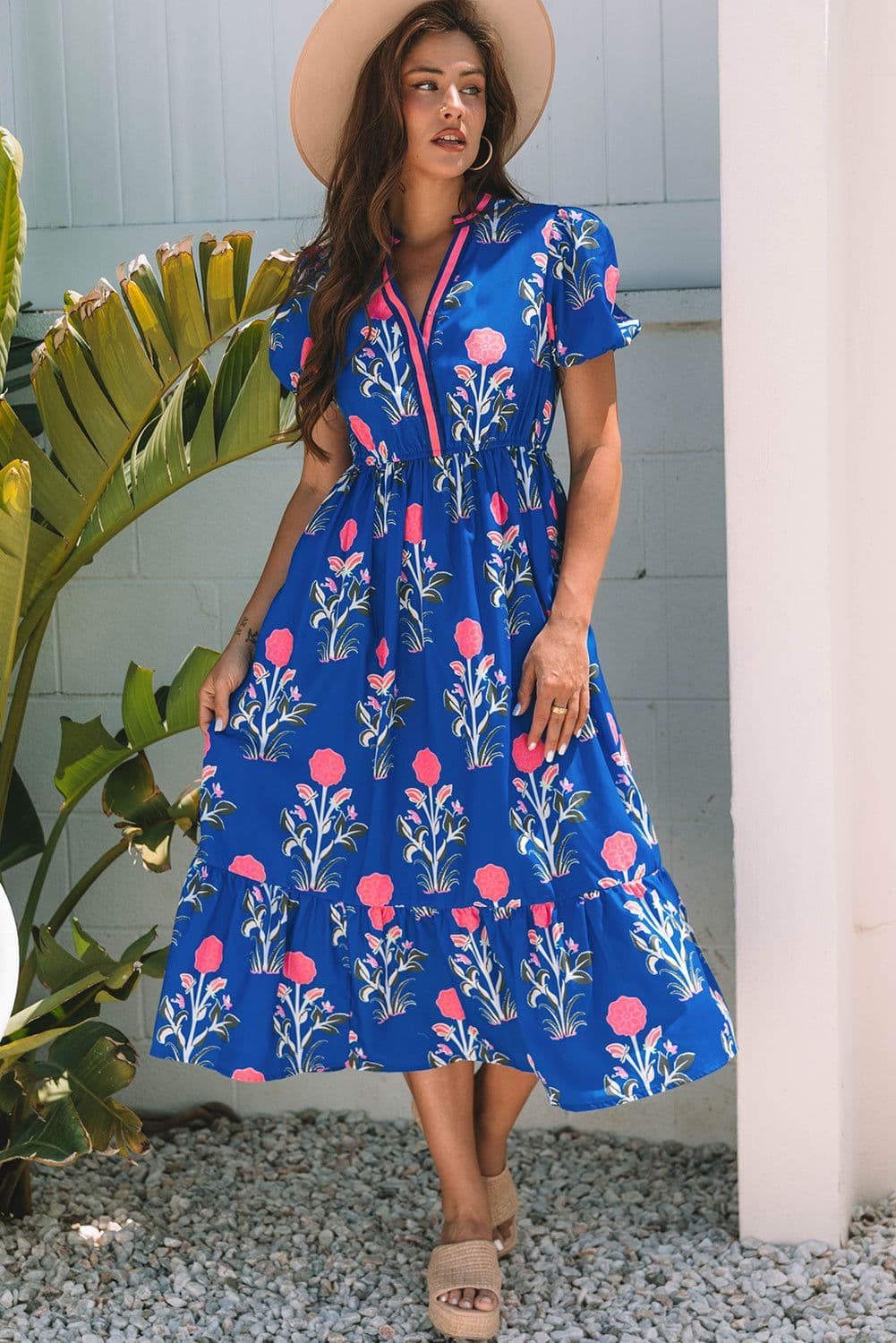 image-Sky Blue Floral Puff Sleeve V Neck High Waist Maxi Dress