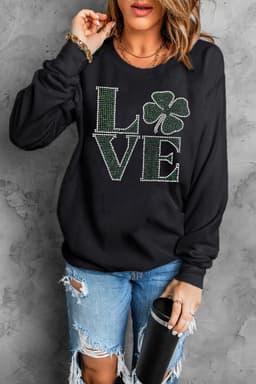 image-Black Rhinestone St. Patrick's Clover Pullover Sweatshirt - Holiday Wear