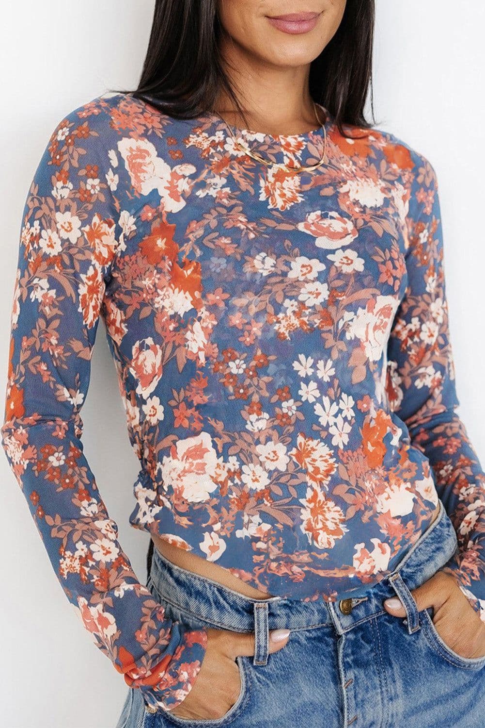 image-Orchid Petal Floral Mesh Long Sleeve Fitted Top